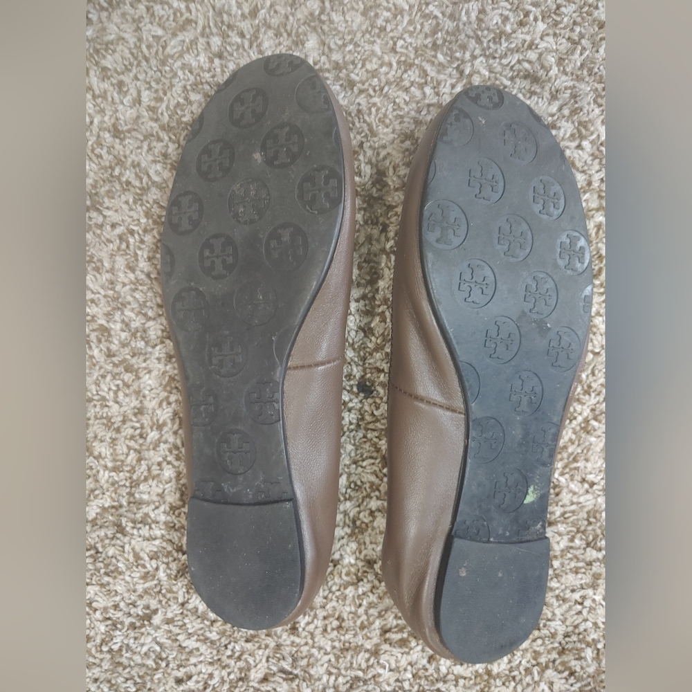 Tory Burch Travel Ballet Flats Browm Leather Gold Logo Women's Size 7.5 - Picture 4 of 5